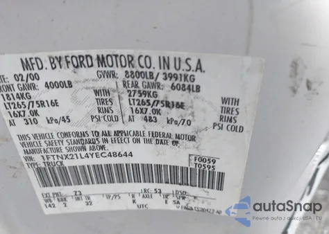 2000 Ford F-250 Lariat/Xl/Xlt from USA, damaged, VIN 1FTNX21F1YEB12689